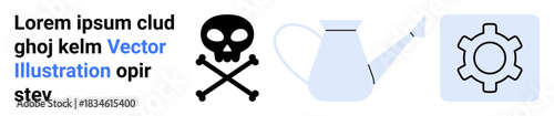 Skull and crossbones, light blue watering can, and gear icons alongside placeholder text. Ideal for warning, gardening, tools, maintenance, education, design concepts and a simple landing page
