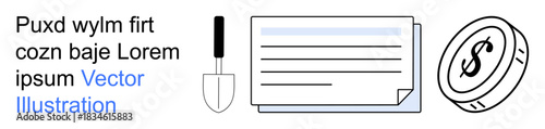 Business tools, financial planning, budgeting, investment strategy, record keeping, financial management. Diagram showing a trowel, document and dollar coin. Financial planning and budgeting concept