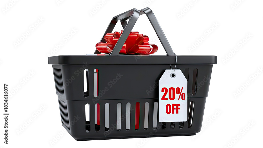 Fototapeta premium Black Shopping Basket With Red Ribbon Decoration And 20 Percent Off Discount Tag Isolated On White Background Studio Shot