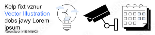 Renewable energy, security systems, time management, eco-tech, monitoring, planning. Lightbulb with solar panels, security camera calendar and text placeholder. Renewable energy and security