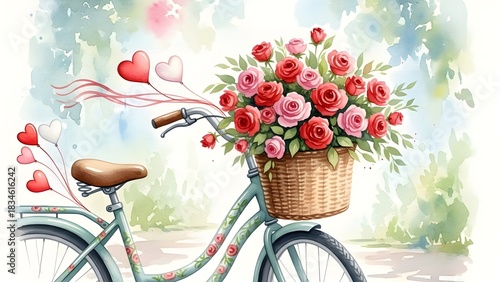 Watercolor art of a vintage bicycle carrying a basket of vibrant red and pink roses, enhanced with festive heart balloons for love.