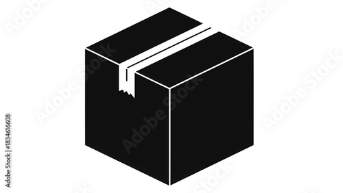 Vector illustration of black and white icon of a closed cardboard shipping box with tape seal isolated on transparent background