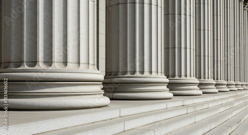 Wallpaper Mural A row of massive classical stone columns in perspective, close-up view showing the base and fluted texture, granite stone material, architectural photography, steps leading up to the pillars, Torontodigital.ca