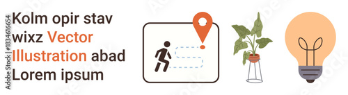 Navigation, sustainability, innovation, creativity, progress, growth. Person icon with map pin, a plant in a vase and a light bulb. Navigation and sustainability concept