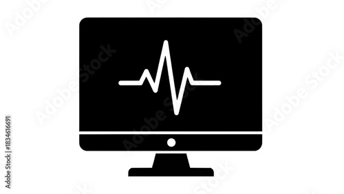 Vector illustration of black and white icon of a computer monitor displaying a heartbeat line isolated on transparent background