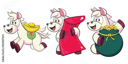 Cute horse zodiac characters for Lunar New Year holding gold bag red envelope and festive items illustrated in a bright kawaii style perfect for holiday cards stickers merchandise and cheerful