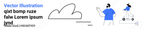 Cloud computing, eco-friendly transport, digital interaction, urban lifestyle, minimalism, modern concepts. A person gesturing and another riding an electric scooter. Cloud computing and eco-friendly
