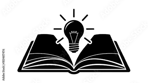 Vector illustration of black and white icon of an open book with a light bulb idea isolated on transparent background