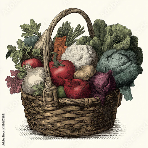 Vintage engraving illustration of basket with fresh vegetables and fruits