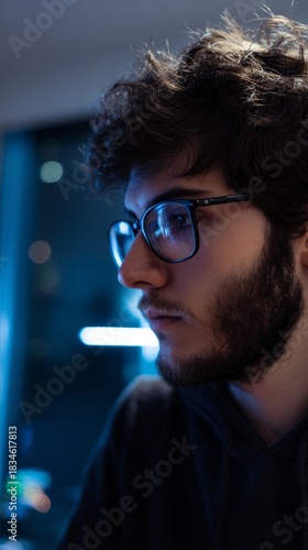 debugging. A focused male programmer in a dark office, illuminated by subtle blue backlight, symbolizing concentration. product launch decks.
