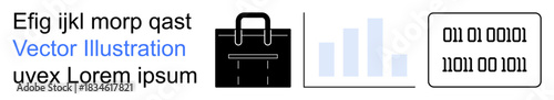 Business concepts, analytics, digital data, corporate identity, data management, technology. Black briefcase, bar chart and binary code in simple graphic design. Analytics and digital data