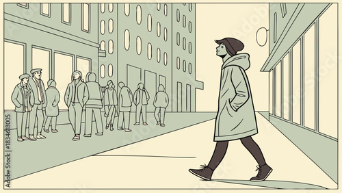 Woman walking alone on city street illustration