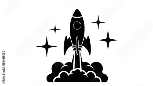 Vector illustration of black and white silhouette icon of a rocket launching into space isolated on transparent background
