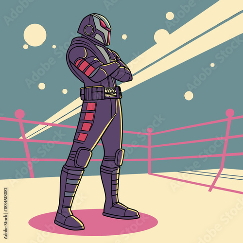 Colorful armored fighter standing with crossed arms