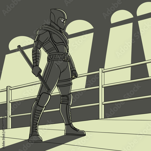 Stealth warrior standing on bridge in futuristic city