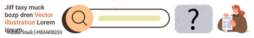 Web search, online research, information discovery, content readability, data analysis, design concepts. Search bar with magnifying glass, question mark and reading woman. Web search and online
