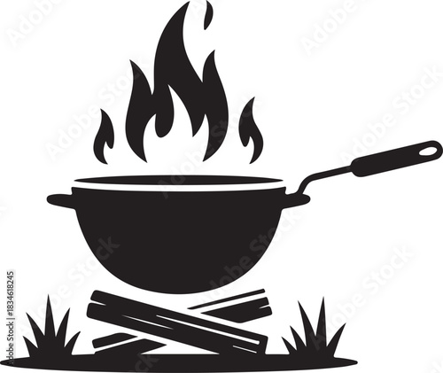 “Silhouette illustration of a campfire tripod with a touristic cooking pot hanging over an open flame