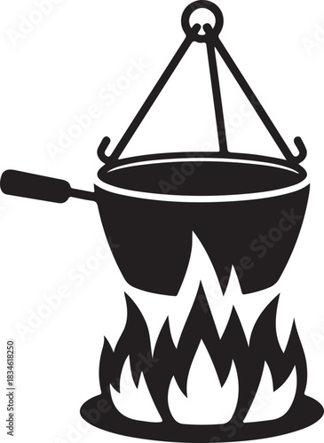 “Silhouette illustration of a campfire tripod with a touristic cooking pot hanging over an open flame