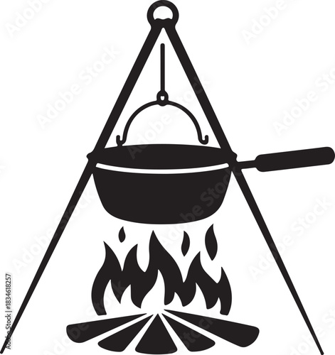 “Silhouette illustration of a campfire tripod with a touristic cooking pot hanging over an open flame