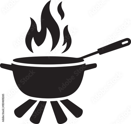 “Silhouette illustration of a campfire tripod with a touristic cooking pot hanging over an open flame