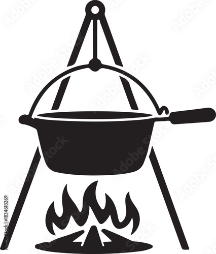 “Silhouette illustration of a campfire tripod with a touristic cooking pot hanging over an open flame