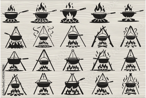 “Silhouette illustration of a campfire tripod with a touristic cooking pot hanging over an open flame