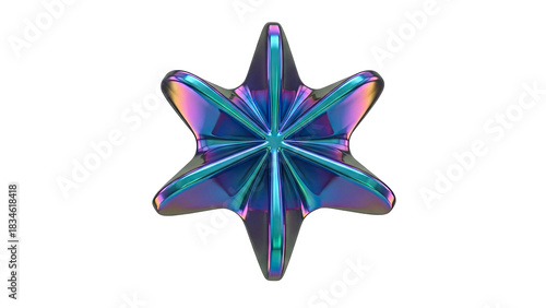 Abstract Geometric Starburst Shape with Iridescent Metallic Sheen and Sharp Edges Floating on a Transparent Background