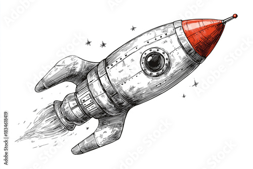 Vintage engraving style vector illustration of a retro rocket, hand-drawn detailed linework