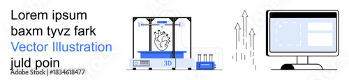 3D printing, prototyping, medical advancement, heart modeling, digital technology, data science. A heart is printed via a 3D printer, data on a monitor. 3D printing and medical advancement concepts