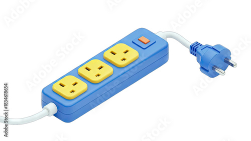 Blue Power Strip With Three Yellow Outlets And A Blue Plug On A Transparent Background