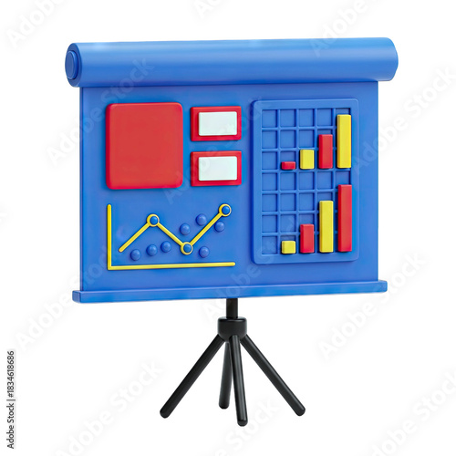 Blue Presentation Board Displaying Diverse Charts and Graphs with Red and Yellow Elements Isolated on a Clean White Background Ideal for Business and Data Visualization Concepts
