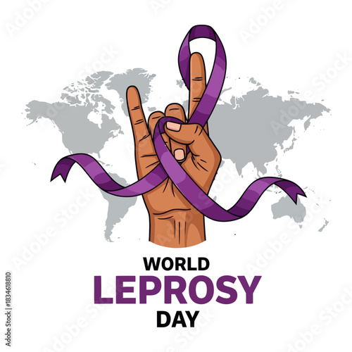Illustration of a raised hand wrapped with a purple ribbon for World Leprosy Day, symbolizing global awareness, support, and solidarity in fighting leprosy.
