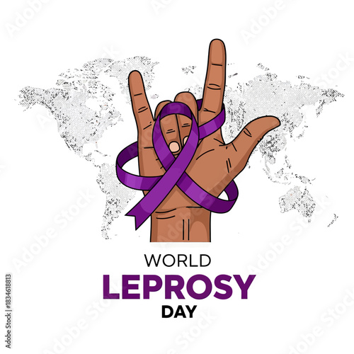 Illustration of a raised hand wrapped with a purple ribbon for World Leprosy Day, symbolizing global awareness, support, and solidarity in fighting leprosy.