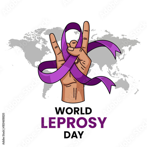 Illustration of a raised hand wrapped with a purple ribbon for World Leprosy Day, symbolizing global awareness, support, and solidarity in fighting leprosy.