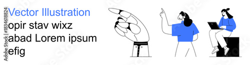 Communication, teamwork, education, creativity, digital interaction, modern design. Hand pointing gesture and two figures using devices. Communication and digital interaction concepts