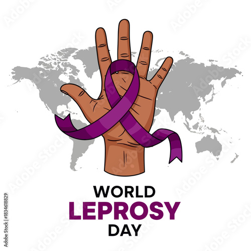 Illustration of a raised hand wrapped with a purple ribbon for World Leprosy Day, symbolizing global awareness, support, and solidarity in fighting leprosy.