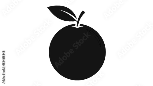 Vector illustration of black silhouette icon of a simple orange fruit with a leaf isolated on transparent background