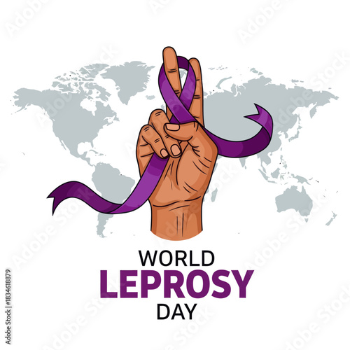 Illustration of a raised hand wrapped with a purple ribbon for World Leprosy Day, symbolizing global awareness, support, and solidarity in fighting leprosy.