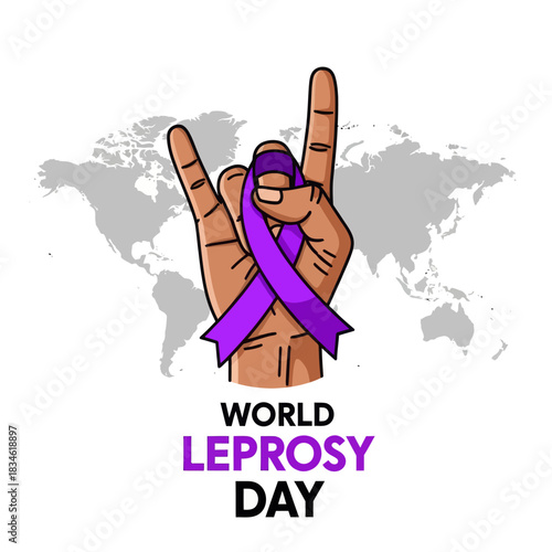 Illustration of a raised hand wrapped with a purple ribbon for World Leprosy Day, symbolizing global awareness, support, and solidarity in fighting leprosy.