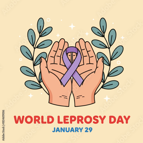 Illustration of hands holding a purple ribbon for World Leprosy Day on January 29, symbolizing awareness, compassion, and global support for leprosy patients.