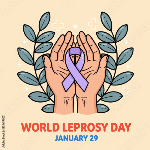 Illustration of hands holding a purple ribbon for World Leprosy Day on January 29, symbolizing awareness, compassion, and global support for leprosy patients.