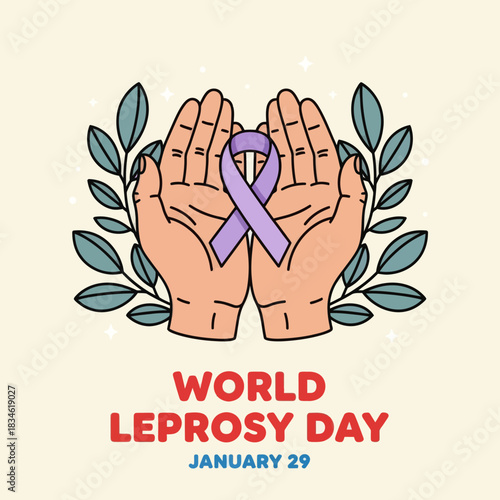 Illustration of hands holding a purple ribbon for World Leprosy Day on January 29, symbolizing awareness, compassion, and global support for leprosy patients.