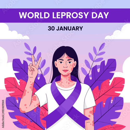 Illustration of a girl showing skin patches for World Leprosy Day awareness, promoting compassion, inclusion, and global support on January 30.