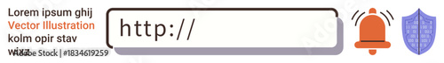 Cybersecurity, online safety, digital alerts, internet communication, data protection, web browsing. Web address bar with a notification bell and shield icons. Cybersecurity and online safety