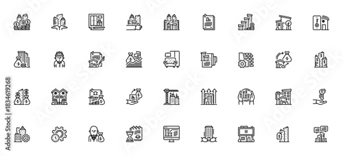 Real estate and property icon set. Vector illustratin. Includes symbols for hose, investment, contract, onstruction, loan, rent, tnant, profit and more.