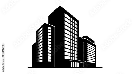 Vector illustration of black and white silhouette illustration of modern office building complex isolated on transparent background