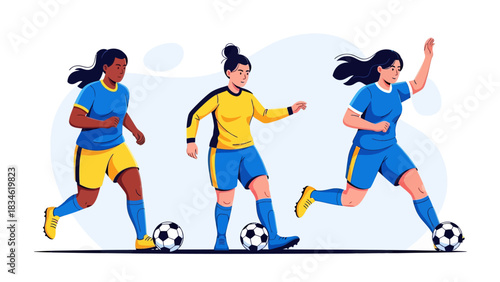Illustration of female soccer players running, kicking, and dribbling the ball in action on the field, representing teamwork, strength, and competitive sports energy.