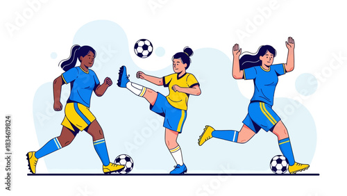 Illustration of female soccer players running, kicking, and dribbling the ball in action on the field, representing teamwork, strength, and competitive sports energy.
