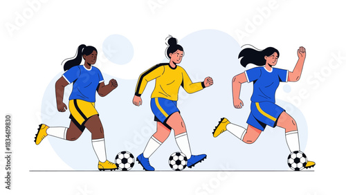 Illustration of female soccer players running, kicking, and dribbling the ball in action on the field, representing teamwork, strength, and competitive sports energy.