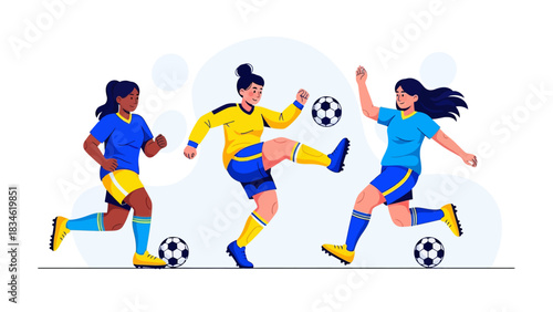 Illustration of female soccer players running, kicking, and dribbling the ball in action on the field, representing teamwork, strength, and competitive sports energy.